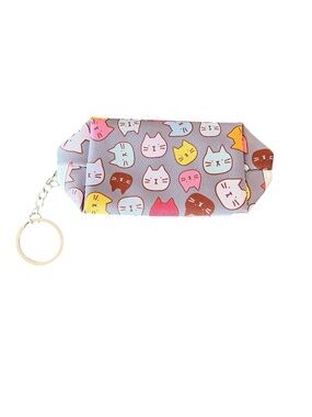 Cat Kitten Gray Pink Multicolor 3.5" Faux Leather Mini Coin Pouch Makeup Bag